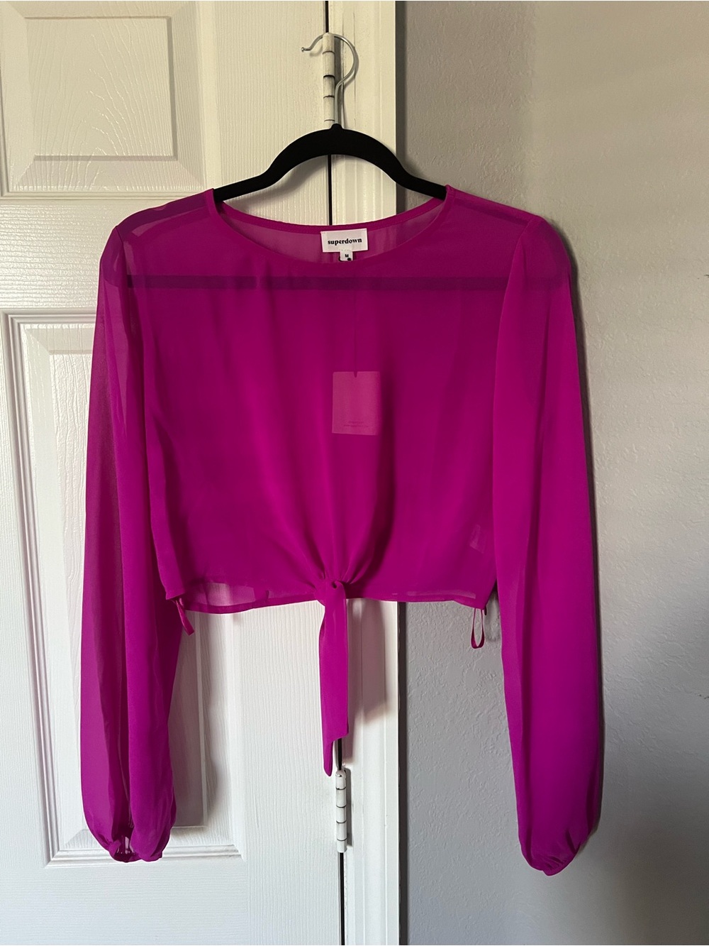 superdown Bright Fuchsia Sheer Tie-Front Long Sleeve Blouse